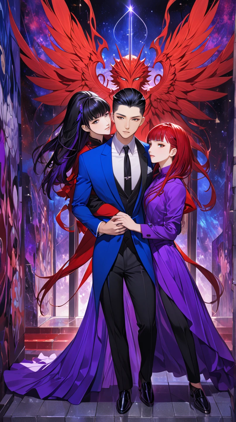 1 couple, male and female, full length, long pose, male black hair, male bristle, male box fade haircut, female red hair, female haircut with a bang, embrace, face full face male, face full face female, male in suit, male suit color is blue, female in dress, female dress color is red, mystic background in purple hues, Path of Exile vibe 