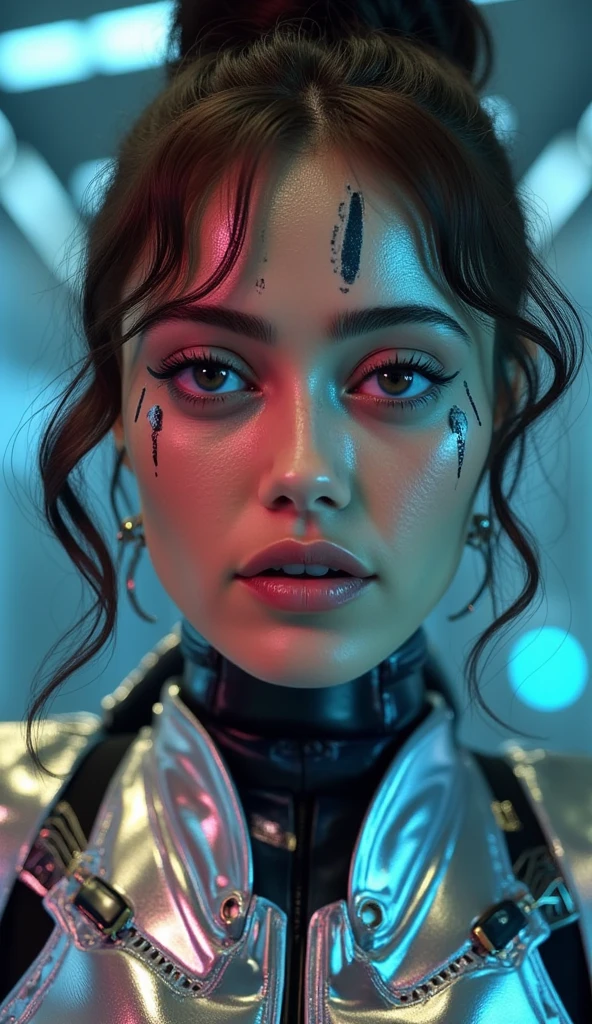 ((top-quality)), ((​masterpiece)), (detaileds:1.4), 3D, Beautiful Cyberpunk Woman Image,HDR(HighDynamicRange),Ray traching,NVIDIA RTX,Hyper-Resolution,Unreal 5,sub-surface Scattering,PBR Texturing,Postprocess,Anisotropy Filtering,depth of fields,Maximum clarity and sharpness,multi-layer texture,Albedo and specular maps,Surface Shading,Accurate simulation of light-material interactions,perfectly proportions,Octane Rendering,Two-tone lighting,Wide aperture,Low ISO,White Balance,thirds rule,8K RAW,Circuit Board AI,Silver Body、Metallic body