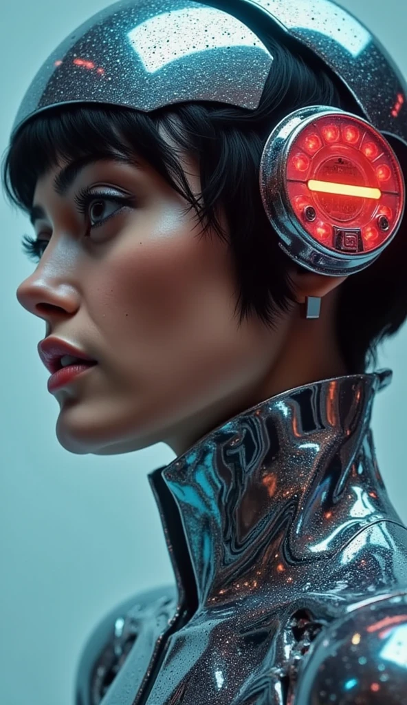 ((top-quality)), ((​masterpiece)), (detaileds:1.4), 3D, Beautiful Cyberpunk Woman Image,HDR(HighDynamicRange),Ray traching,NVIDIA RTX,Hyper-Resolution,Unreal 5,sub-surface Scattering,PBR Texturing,Postprocess,Anisotropy Filtering,depth of fields,Maximum clarity and sharpness,multi-layer texture,Albedo and specular maps,Surface Shading,Accurate simulation of light-material interactions,perfectly proportions,Octane Rendering,Two-tone lighting,Wide aperture,Low ISO,White Balance,thirds rule,8K RAW,Circuit Board AI,Silver Body、Metallic body