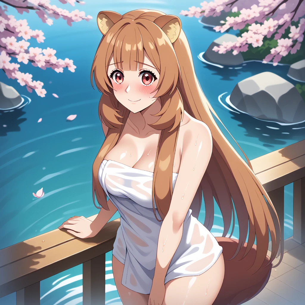  score_9,  score_8_above,  score_7_above, 1 girl, Alone, Hermosa waifu, , high, Sexy woman, (raphtalia, Orange hair red eyes,  animal ears,  embarrassed smile, ,d cup breasts, Wet body I drown :1.2), Exhausting (white towel:1.1), neckline,  detailed eyes ,  detailed face , flirt, (pose sexy:1.2), standing, in beautiful Kyoto Onsen ,  cherry blossoms , low light, (Evening:1.2),  shallow depth of field
