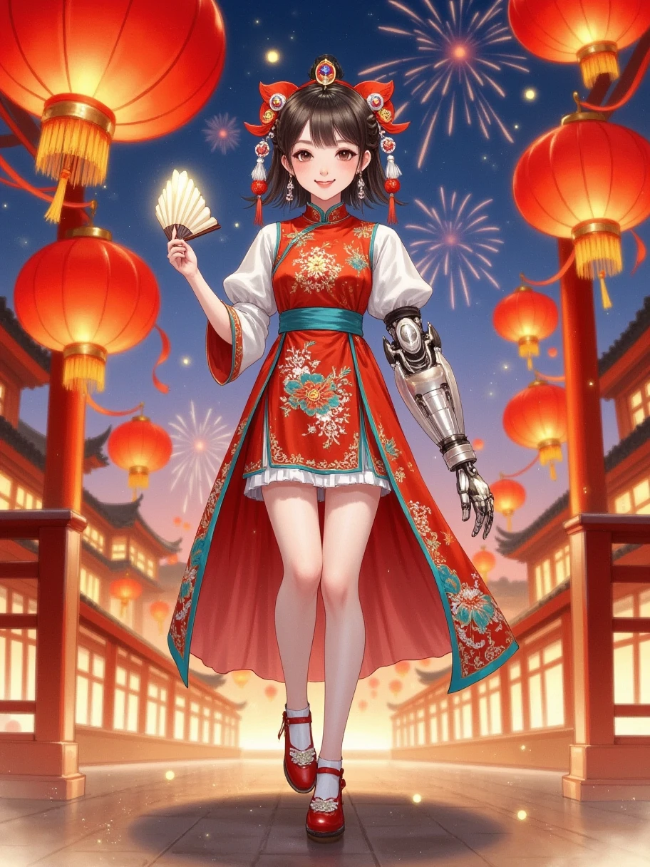 (full-body shot:1.4), Space Art, 1 Cheongsam woman，full body, Standing posture，Transparent robotic arm，Slender figure，perfectly proportions，Delicate hair accessories, smile，Transparent mechanical shoes, Oriental elements, ( Bokeh)，high quality，4K