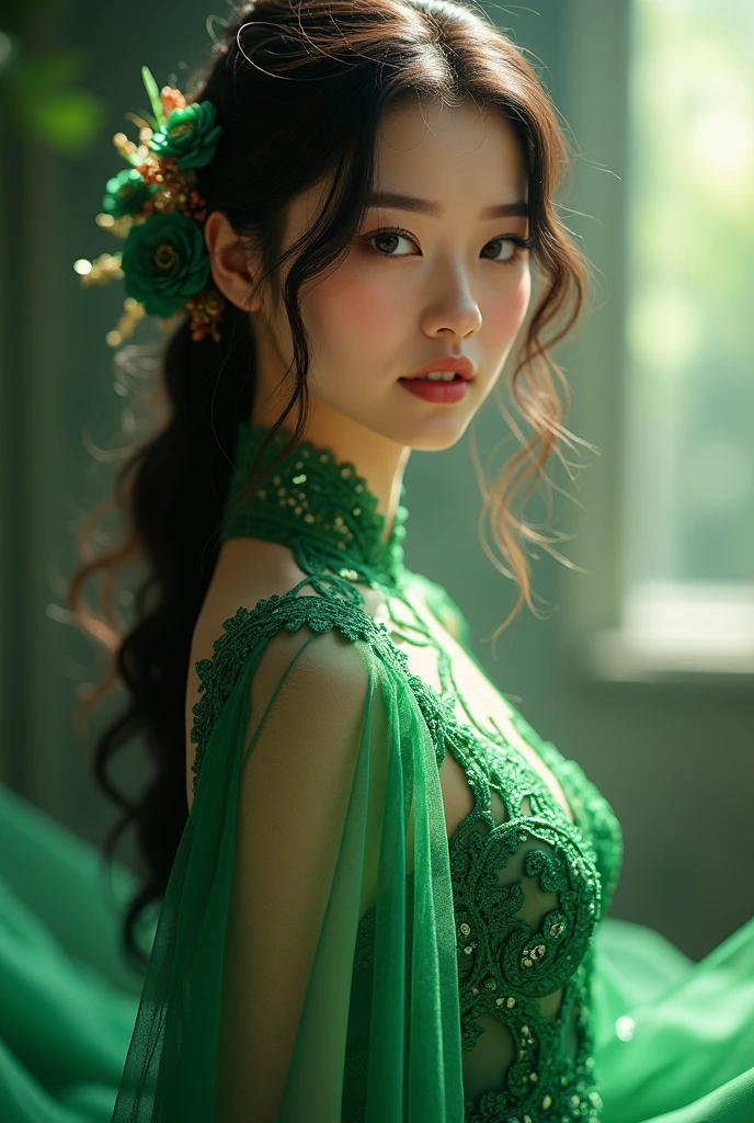 Alafed woman in thin light green dress standing on the beach, Flowing gown, fantasy long intricate gown, A flowing dress, ethereal beauty, sexy gown, dressed beautiful gown, jaw-dropping beauty, Flowing light green dress, full pose, Beautiful Gowns, jen zee, jaw dropping beauty, wearing flowing dress, stunning elegant, Full length view, Light green gown, translucent dress