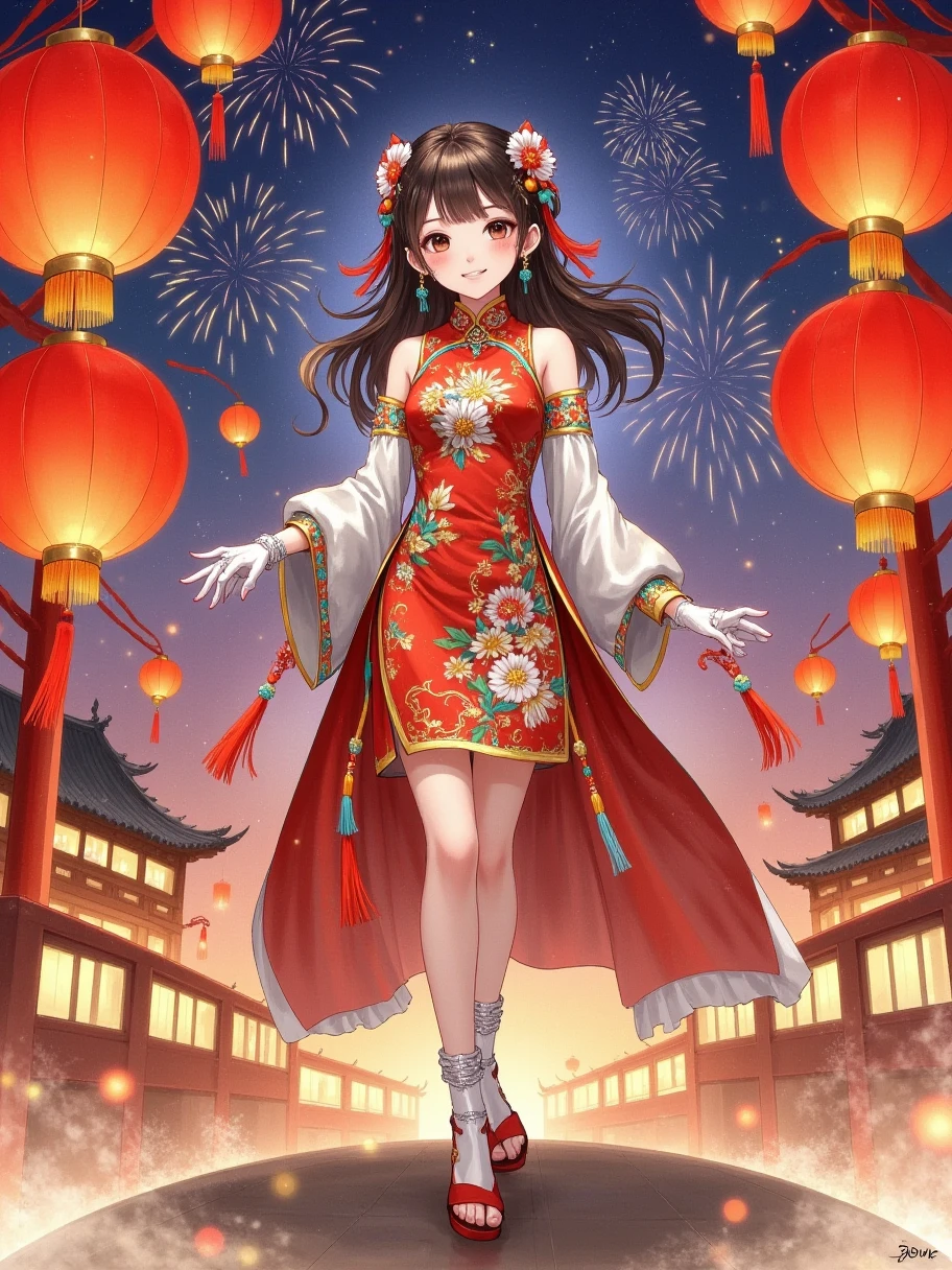 (full-body shot:1.4), Space Art, 1 Cheongsam woman，full body, Standing posture，Transparent robotic arm，Slender figure，perfectly proportions，Delicate hair accessories, smile，Transparent mechanical shoes, Oriental elements, ( Bokeh)，high quality，4K