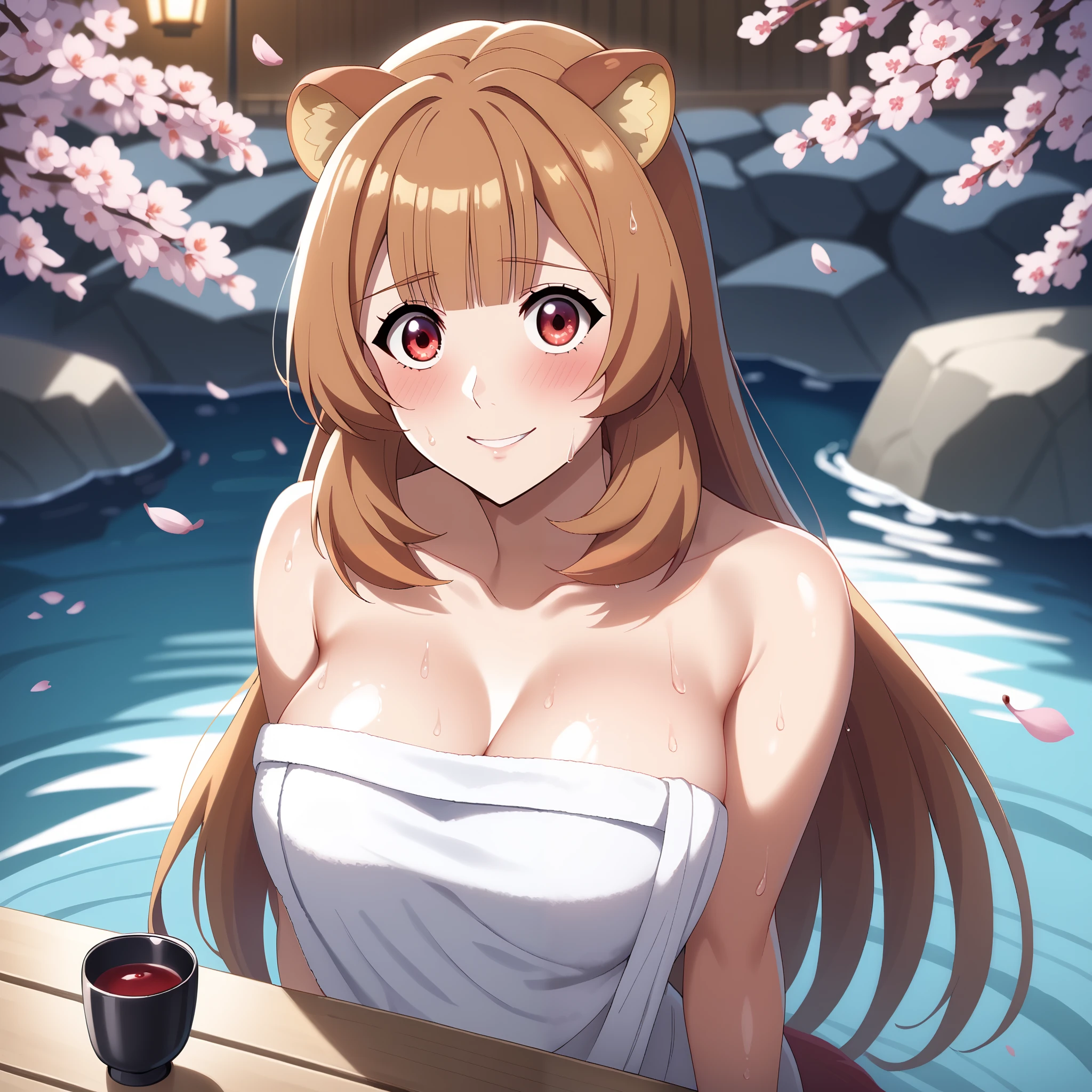  score_9,  score_8_above,  score_7_above, 1 girl, Alone, Hermosa waifu, , high, Sexy woman, (raphtalia, Orange hair red eyes,  animal ears,  embarrassed smile, ,d cup breasts, Wet body I drown :1.2), Exhausting (white towel:1.1), neckline,  detailed eyes ,  detailed face , flirt, (pose sexy:1.2), standing, in beautiful Kyoto Onsen ,  cherry blossoms , low light, (Evening:1.2),  shallow depth of field
