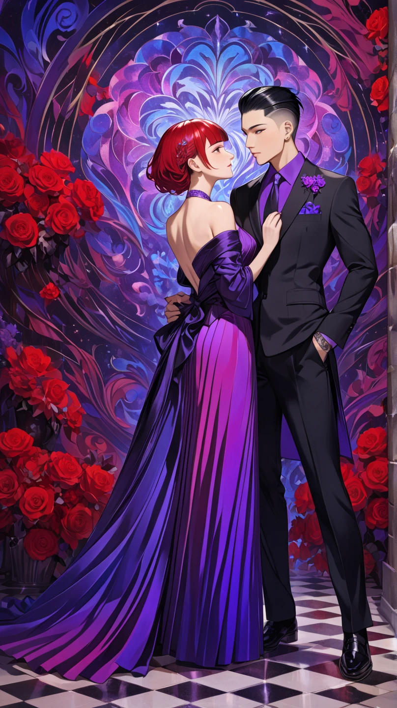 1 couple, male and female, full length, long pose, male black hair, male bristle, male box fade haircut, female red hair, female haircut with a bang, embrace, face full face male, face full face female, male in suit, male suit color is blue, female in dress, female dress color is red, mystic background in purple hues, Path of Exile vibe 