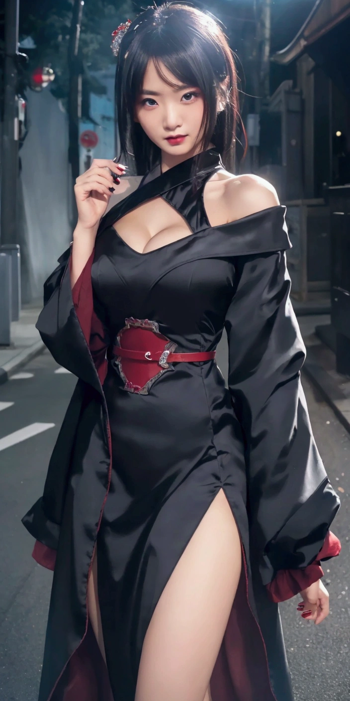 Best quality, masterpiece, ultra high res, (photorealistic:1.4), raw photo, 1girl, detailed hijab, detailed eyes and face, mini skirt, red cloths, dynamic lighting, in the dark, deep shadow, low key, cowboy shot, cleavage, large breasts,