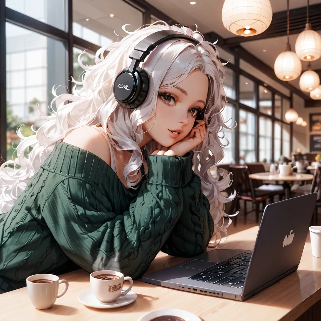 The most beautiful girl ever, Cafe、 headphones, white hair, Long Hair, High Resolution, High Resolution, High Details, brown eyes, messy curly hair, coffee, oversized sweater, laptop, Cafe, working on laptop, brown eyes, focused, Parted Lips, art supplies on the table, focused on work, messy curls