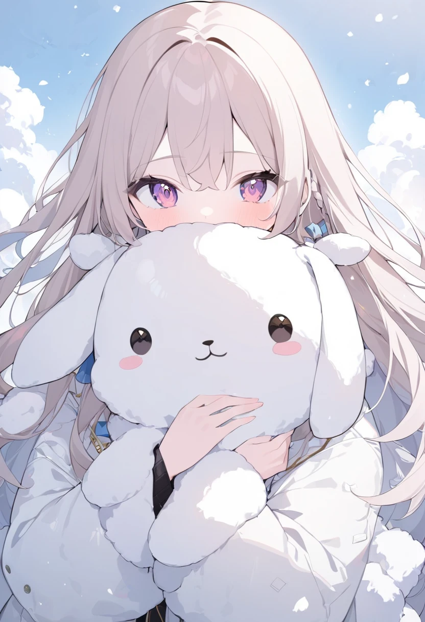 1 girl、white boa coat、Holding a doll(rabbit)