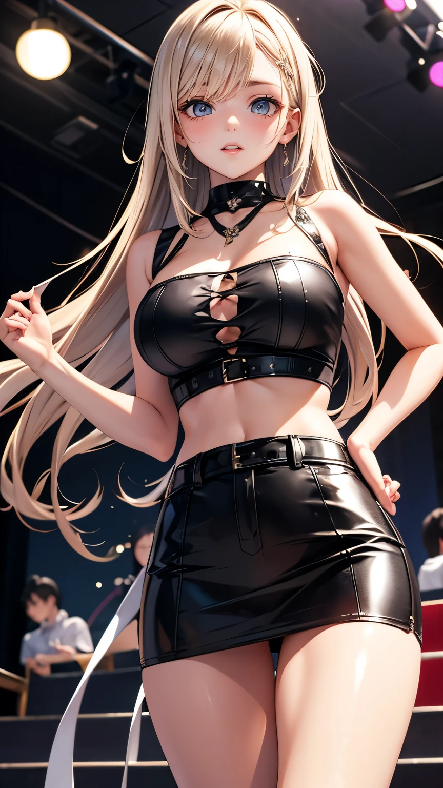 1k, high resolution, masterpiece, illustration, extreme details, blonde long hair, green eyes, eyeliner, mascara, extra large breast, sexy, slim, fully clothed, smiling, cute, innocent, demure, dolt, girlish, white blouse, black skirt, stocking, head to waist, stage, LED screens, TV screens, vibrant lights, game show, crowds, TV show, entertainment