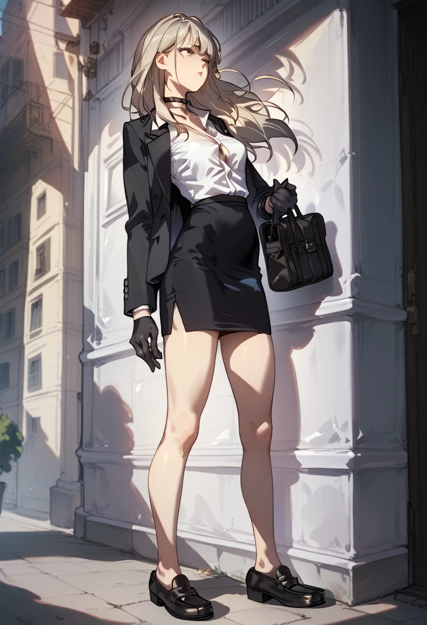 long hair, brown eyes, blonde hair, grey hair, dress shirt, long sleeves, black gloves, black miniskirt, pencil skirt, bare legs, bangs, black loafers, frontal, black choker, standing