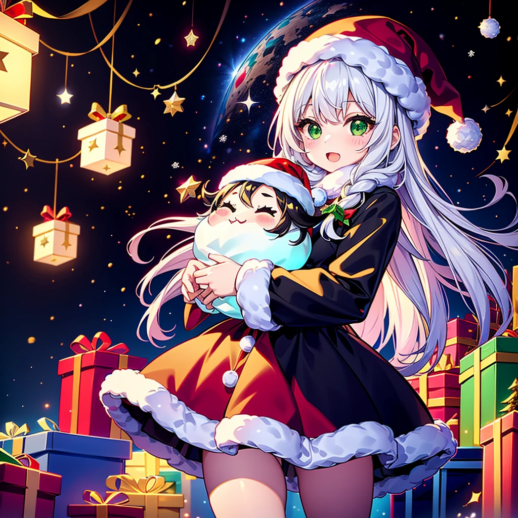   Christmas、  1 beautiful girl and piece  、  black and white Santa Claus dress、 black little silk hat  、Chibi、cute、universe、 Milky Way、Meteor Shower、  Christmasイルミネーション、Red and green neon   、sheepskin 、Clear luminescent 
、 Christmas、 big gift box 、