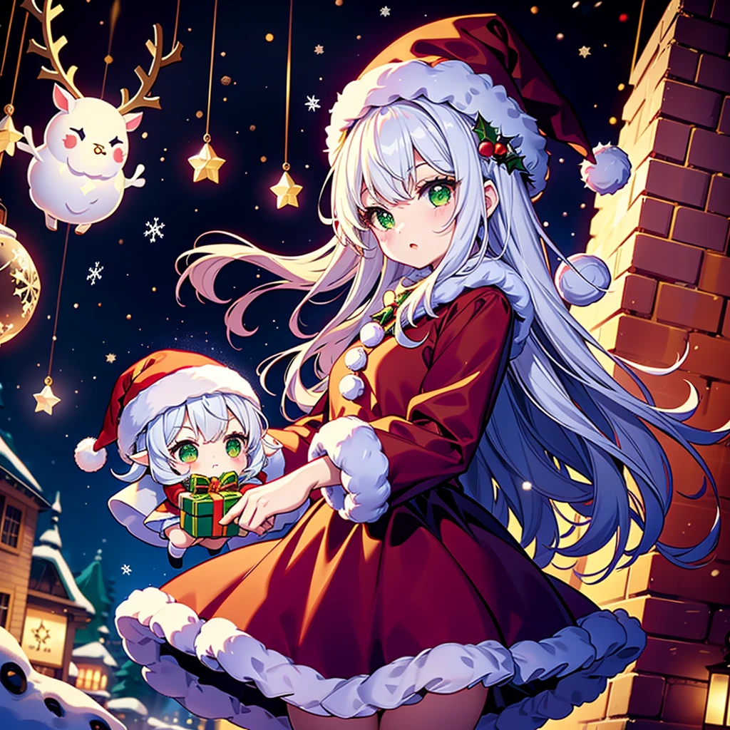   Christmas、  1 beautiful girl and piece  、  black and white Santa Claus dress、 black little silk hat  、Chibi、cute、universe、 Milky Way、Meteor Shower、  Christmasイルミネーション、Red and green neon   、sheepskin 、Clear luminescent 
、 Christmas、 big gift box 、