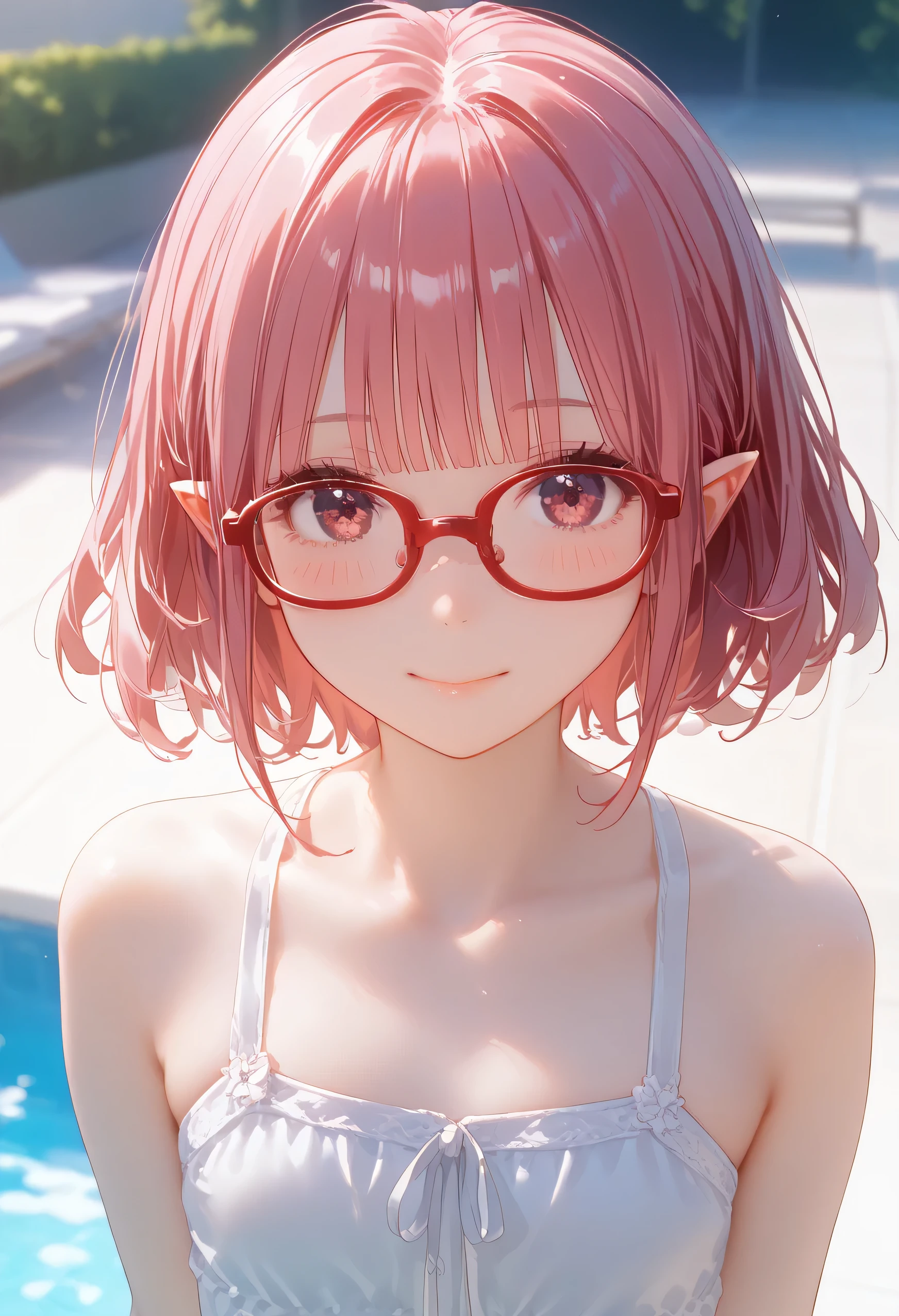  girl1 person,  amazingly beautiful girl, (  Self Stunnishing  :1.2),   bright color, masterpiece,  top quality, Confused,  top quality, Amazing Details, 8k, aesthetic   Self Stunnishing  ,((４age、Young girl、flat breasts 、 extraordinary beauty、 beautiful face、 Composition ))( Milky Pink Hair ：1.5) short bob hair:1.2 、、Magenta Eyes、[Elf Ears:0.5]( Milky Pink Hair ：1.5) short bob hair:1.2 、((  red glasses with thick frames)) 、Official Fine Art，Representative works，masterpiece、 top quality、 is looking at this、Red glasses with small frames 、、Particles of light　　　　​maSterpiece、 top quality、 super detailed 、,  one girl , beautiful lighting arranged in an orderly manner、１ girl、Round face、innocent SmileS、(((S)))、(((ddlerS)))、(((Adorable )))、(((Toddler girl )))、iSh、Small ren、Height 70cm、Adorable 、(((Swim wearS)))、Red glaSSeS(((Red glaSSeS)))、little bluSh、Young Face、Small ren、 girl and、Cute、（Shiny lip：1.1）、（beautidful eyeS：1.1）、Wonderful mouth cloSed hair、flat cheSt、A Smile、maSutepiece、BeSt Quality、High reSolution、 Cowboy Shot 、from side、Pale Skin Staring at the viewer、curve、Blunt bangS、lightSmile、fingernails、sunny、SunS、CloudleSS Sky、(((Swimming poolS)))