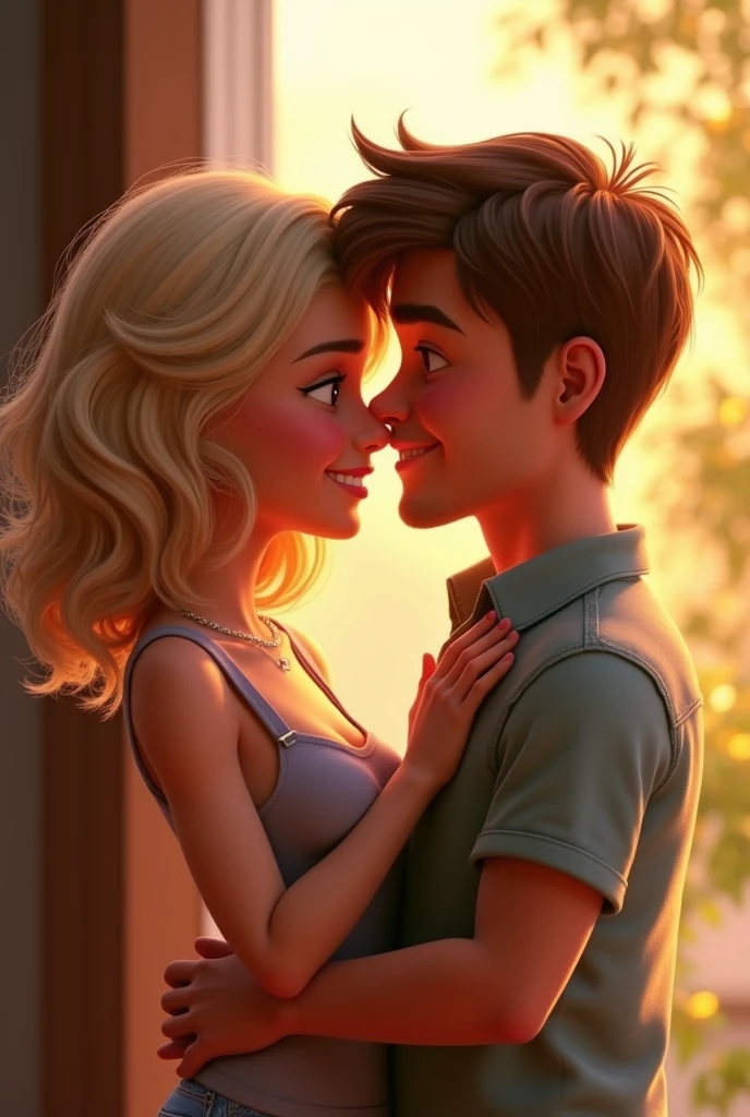 A handsome brother giving a kiss on the cheek to his blonde sister at the door of her house, pixar style, cinematic, masterpiece, high-aesthetic, portrait