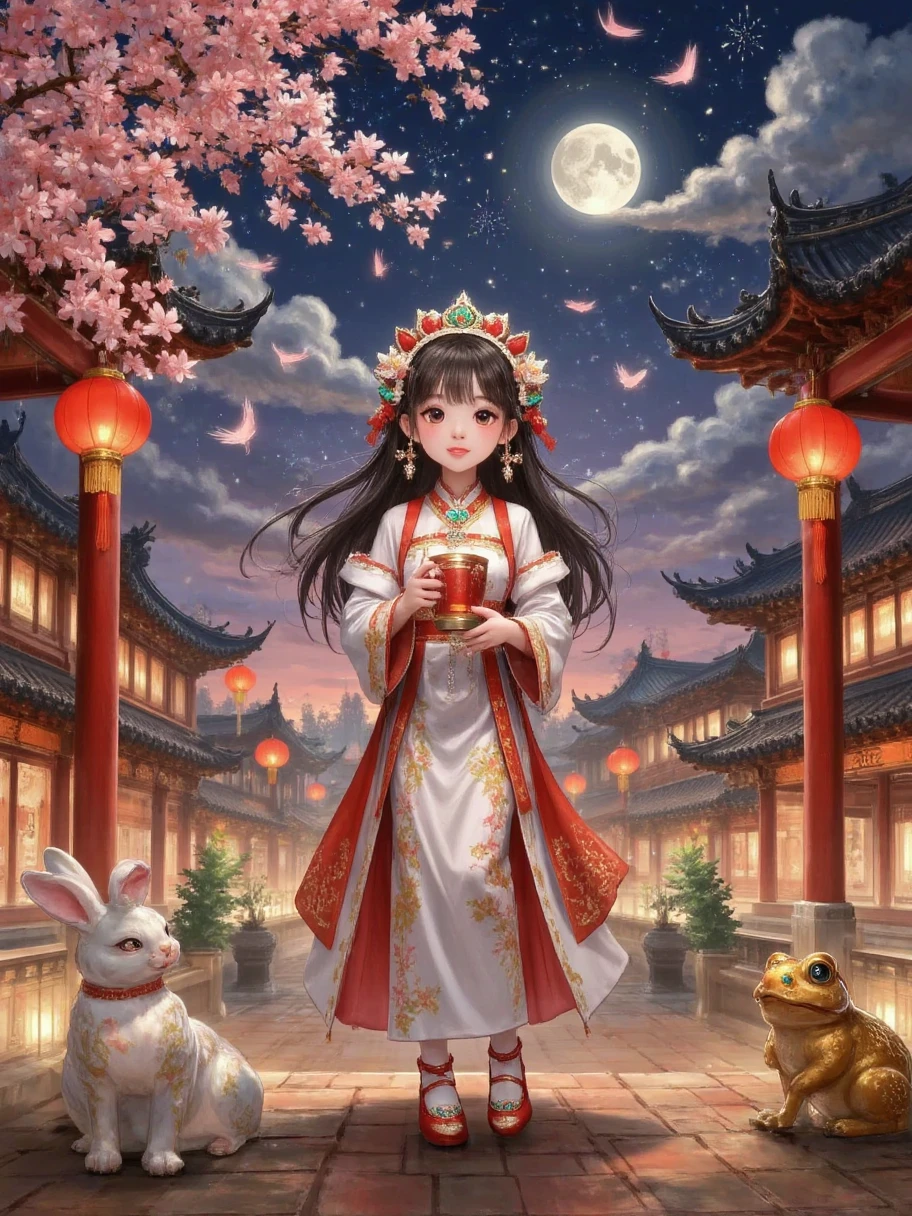 Create a surreal and emotional digital painting，捕捉神话In the background孤独与渴望的精髓。The scene is set in Guanghan Palace，Soft moonlight fills the midnight sky，A delicate and elegant woman stands alone，Her expression reveals heartache and contemplation。She is surrounded by the gorgeous yet  grandeur of the palace，The shadows of the carved beams and painted buildings cast intricate patterns in the moonlight。 In the background，A lush osmanthus tree，The flowers reflect neon colors in the night，Add a touch of color to the scene。The woman holds a cup of turbid wine，Symbolizes her attempt to drink away her sorrow，And her eyes reveal a deep unfulfilled wish。The air is filled with a sense of fate and missed opportunities，It's as if the entire universe is trying to separate her from her true love。 In the foreground，A jade rabbit and a golden toad，As auxiliary symbols in mythology，Cleverly integrated into the scene，Suggesting the woman's hope for an eventual reunion。The painting should convey a sense of eternity，Clouds roll in the sky，As if reflecting the woman's inner waves and endless longing。The overall atmosphere should be full of haunting beauty，Capture the viewer's imagination，Evokes the profound elegance of oriental mythology and mystery。