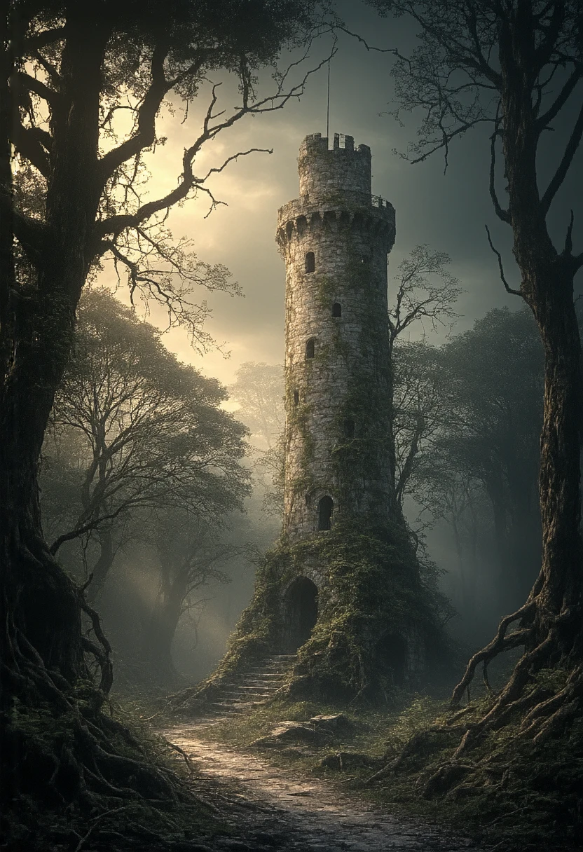 (masterpiece,  High Quality ,  high definition ,  Golden Ratio ,  movie lighting, 8k),  Tower of Darkness Towering in a Dense Forest,Young Tower of Oblivion , Standing in a Forest Where No Light Reaches 