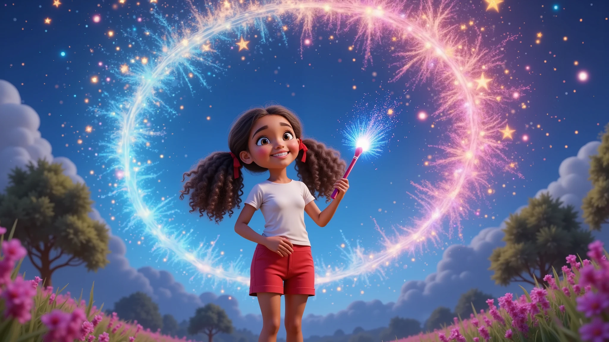Alice appears at the center of the scene, smiling and gazing at the stars while holding a magical brush that emits colorful sparks in the air. She begins drawing with eyes full of wonder.
Style: Inspired by films, characters, and promotional 3D posters in the Disney-Pixar style.
Visual Details: Each scene should be crafted with attention to detail, vibrant colors, and convey fantasy and emotion.
Alice: An girl, sun-kissed fair skin, curly ringlet hair tied with two red ribbons. Of mixed origin, with a Black father and White mother. She wears a plain white T-shirt, short red shorts, white socks, and white sneakers. She is charming, captivating, and her smile enchants everyone.