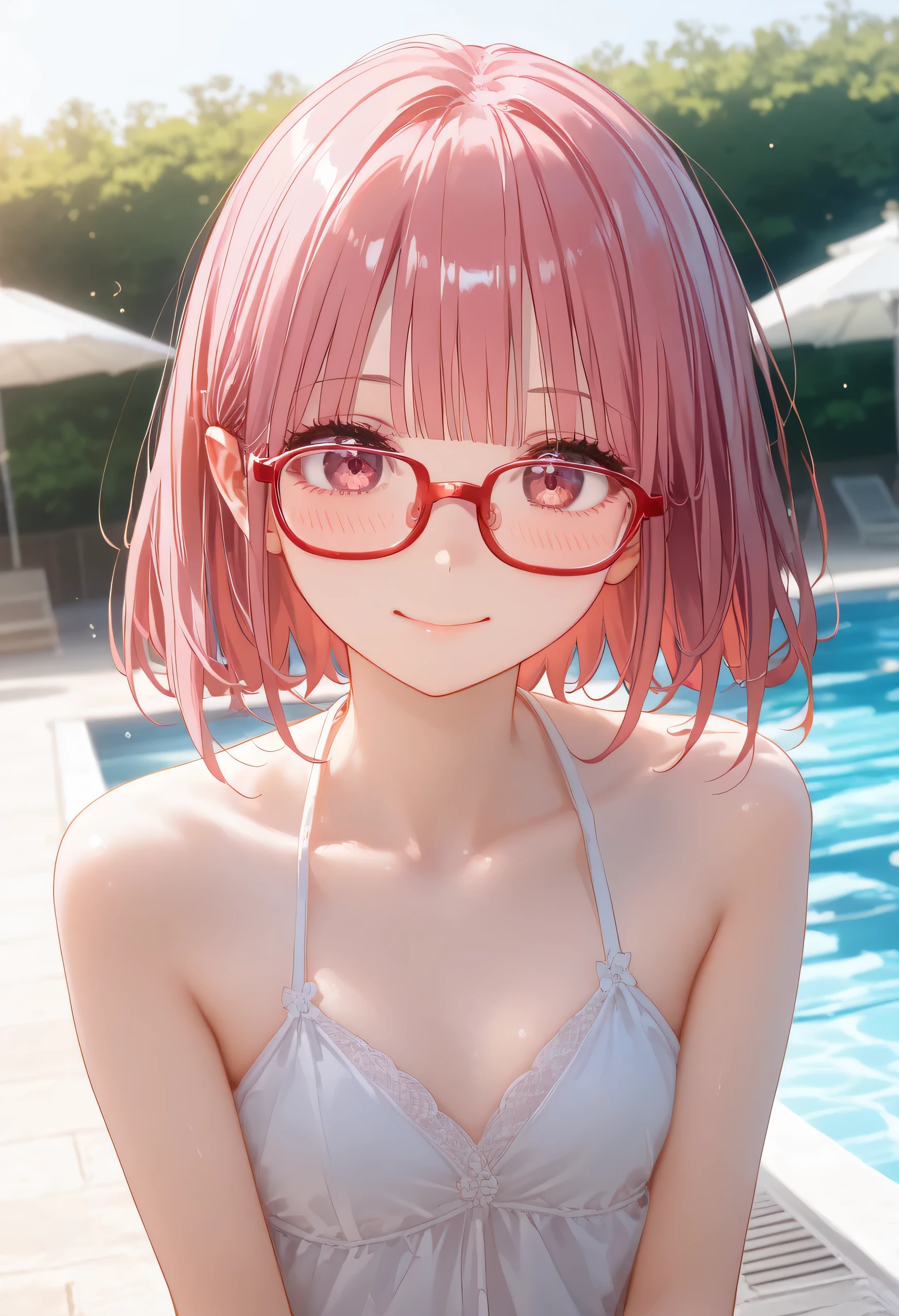 (Masterpiece, BestQuality:1.3), (ultra detailed:1.2), (hyperrealistic:1.3), (RAW photo:1.2), High detail RAW color photo, professional photograph, (Photorealistic:1.4), (realistic:1.4), (Pink Hair:1.5), professional lighting, perfect anatomy, (Big Breasts:1.2), (blush, detailed face), (A happy smile:1.7), sexly, erotic sexly, Random sexy gravure poses, (Beautiful cosplayer wearing a sexy white one-piece swimsuit、Lying by the pool in the sunshine。The black sunglasses and red beach ball add to the charm.。:1.3)