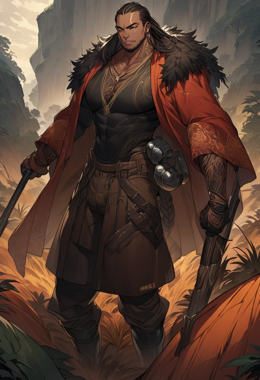 (masterpiece),(highres),(intricate details:1.4),extremely detailed,(illustration:1.2),8k,photorealistic,exquisite,(daddy:1.5),aged,elder male tiger ,muscular,(guardian:1.7),(safety guard),black fur,manhood,warrior,(black fur:1.3),long hair,long beard,(numerous scars),(bulging crotch:1.8),(homosexual:1.5),(a serene face:1.9)(sexy)