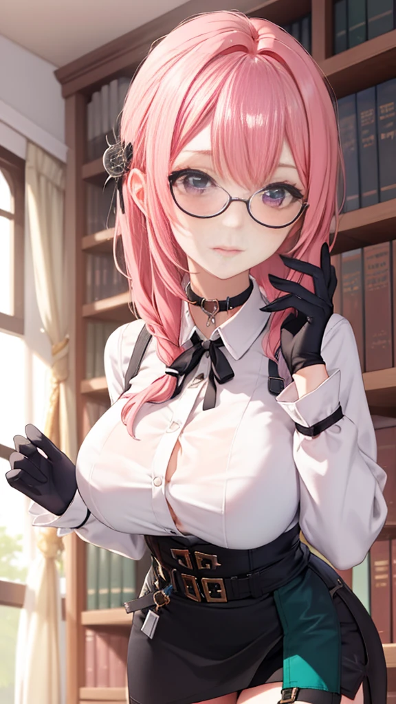 1 girl, Yanagi Tsukishiro , Alone, standing,  beautiful breasts , sensual lips,  pink hair,  seen from the front,  looking at the spectator ,  beautiful eyes ,  detailed eyes , purple eyes, simple samurai shoulder pad , glasses,  choker :1.6, ( black gloves),  shiny high waist mini skirt,  white shirt with collar,  dark green neck strap,  shy expression ,  gunman shot, Gothic style library ,  dark gothic style 