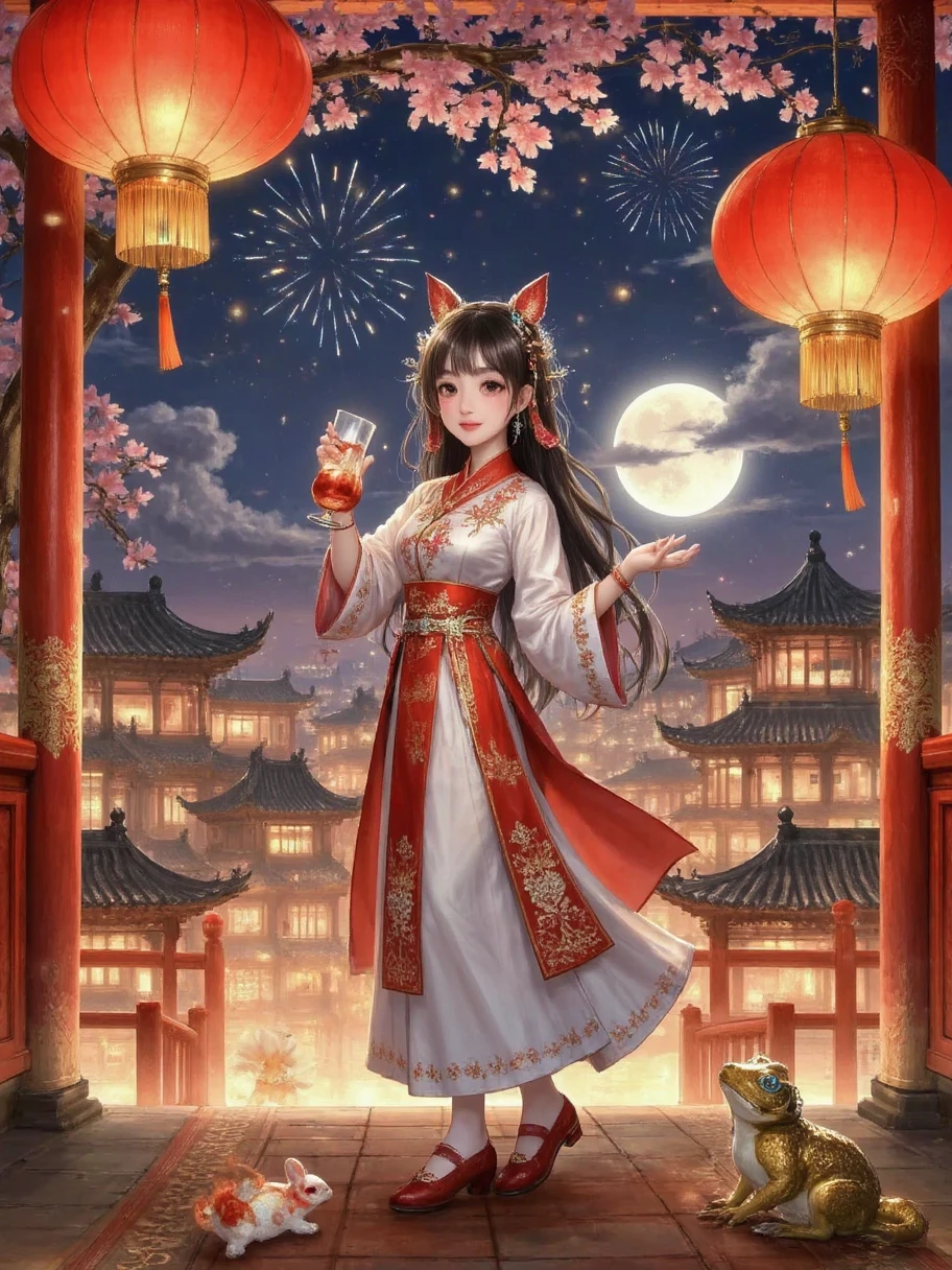 Create a surreal and emotional digital painting，捕捉神话In the background孤独与渴望的精髓。The scene is set in Guanghan Palace，Soft moonlight fills the midnight sky，A delicate and elegant woman stands alone，Her expression reveals heartache and contemplation。She is surrounded by the gorgeous yet  grandeur of the palace，The shadows of the carved beams and painted buildings cast intricate patterns in the moonlight。 In the background，A lush osmanthus tree，The flowers reflect neon colors in the night，Add a touch of color to the scene。The woman holds a cup of turbid wine，Symbolizes her attempt to drink away her sorrow，And her eyes reveal a deep unfulfilled wish。The air is filled with a sense of fate and missed opportunities，It's as if the entire universe is trying to separate her from her true love。 In the foreground，A jade rabbit and a golden toad，As auxiliary symbols in mythology，Cleverly integrated into the scene，Suggesting the woman's hope for an eventual reunion。The painting should convey a sense of eternity，Clouds roll in the sky，As if reflecting the woman's inner waves and endless longing。The overall atmosphere should be full of haunting beauty，Capture the viewer's imagination，Evokes the profound elegance of oriental mythology and mystery。