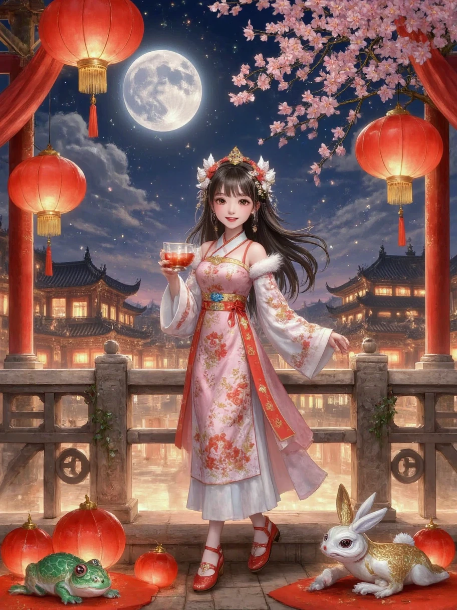 Create a surreal and emotional digital painting，捕捉神话In the background孤独与渴望的精髓。The scene is set in Guanghan Palace，Soft moonlight fills the midnight sky，A delicate and elegant woman stands alone，Her expression reveals heartache and contemplation。She is surrounded by the gorgeous yet  grandeur of the palace，The shadows of the carved beams and painted buildings cast intricate patterns in the moonlight。 In the background，A lush osmanthus tree，The flowers reflect neon colors in the night，Add a touch of color to the scene。The woman holds a cup of turbid wine，Symbolizes her attempt to drink away her sorrow，And her eyes reveal a deep unfulfilled wish。The air is filled with a sense of fate and missed opportunities，It's as if the entire universe is trying to separate her from her true love。 In the foreground，A jade rabbit and a golden toad，As auxiliary symbols in mythology，Cleverly integrated into the scene，Suggesting the woman's hope for an eventual reunion。The painting should convey a sense of eternity，Clouds roll in the sky，As if reflecting the woman's inner waves and endless longing。The overall atmosphere should be full of haunting beauty，Capture the viewer's imagination，Evokes the profound elegance of oriental mythology and mystery。