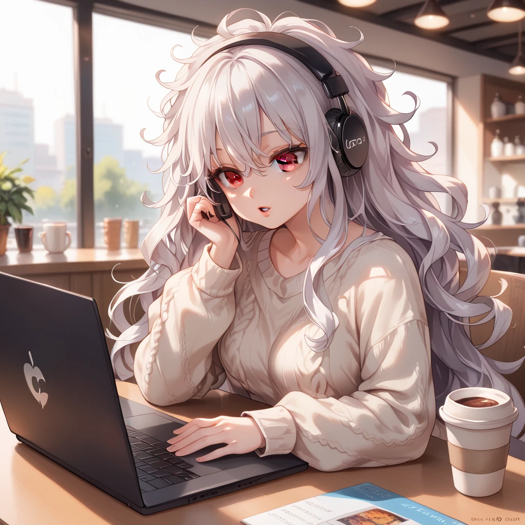 The most beautiful girl ever, Cafe、 headphones, white hair, Long Hair, High Resolution, High Resolution, High Details, brown eyes, messy curly hair, coffee, oversized sweater, laptop, Cafe, working on laptop, brown eyes, focused, Parted Lips, art supplies on the table, messy curls