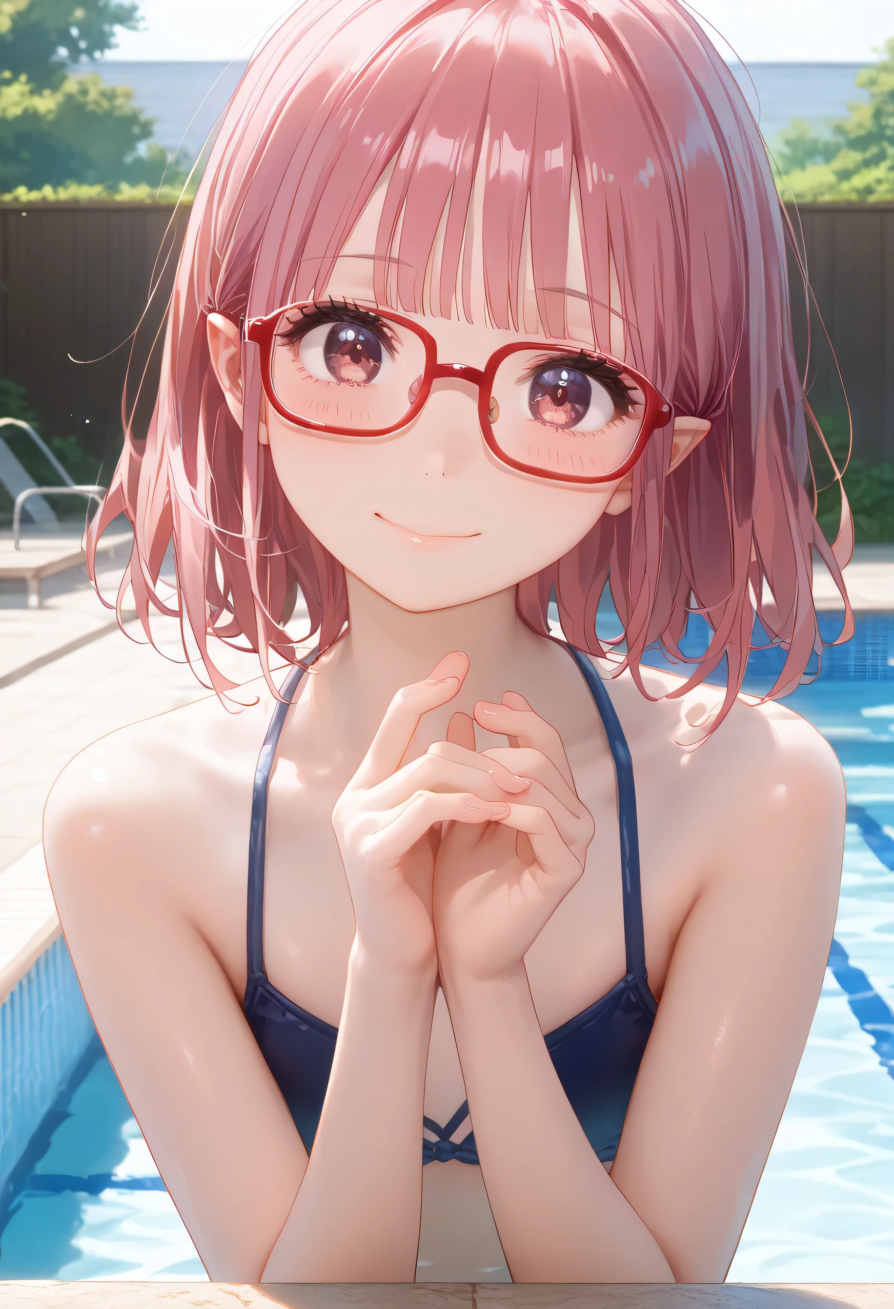  girl1 person,  amazingly beautiful girl, (  Self StunniShing  :1.2),   bright color, maSterpiece,  top quality, ConfuSed,  top quality, Amazing DetailS, 8k, aeSthetic   Self StunniShing  ,((、 S、flat breaStS 、 extraordinary beauty、 beautiful face、 CompoSition))( MILKY PINK HAIR ：1.5) Short bob hair:1.2 、、Magenta EyeS、[Elf EarS:0.5]( MILKY PINK HAIR ：1.5) Short bob hair:1.2 、((  thick framed red glaSSeS)) 、Official Fine Art，RepreSentative workS，maSterpiece、 top quality、 looking at me 、Red glaSSeS with Small frameS 、、ParticleS of light　　　　​maSterpiece、 top quality、 more、,  one girl , beautiful lighting arranged in an orderly manner、１ girl、Round face、innocent SmileS、(((S)))、(((ddlerS)))、(((愛らしい S)))、(((Toddler girl )))、iSh、小さな Sたち、Height 70cm、愛らしい S、(((Swim wearS)))、Red glaSSeS(((Red glaSSeS)))、little bluSh、Young Face、小さな Sたち、 girl and、Cute、（Shiny lip：1.1）、（beautidful eyeS：1.1）、Wonderful mouth cloSed hair、flat cheSt、A Smile、maSutepiece、BeSt Quality、High reSolution、 Cowboy Shot 、from Side、Pale Skin Staring at the viewer、curve、Blunt bangS、lightSmile、fingernailS、Sunny、SunS、CloudleSS Sky、(((Swimming poolS)))
