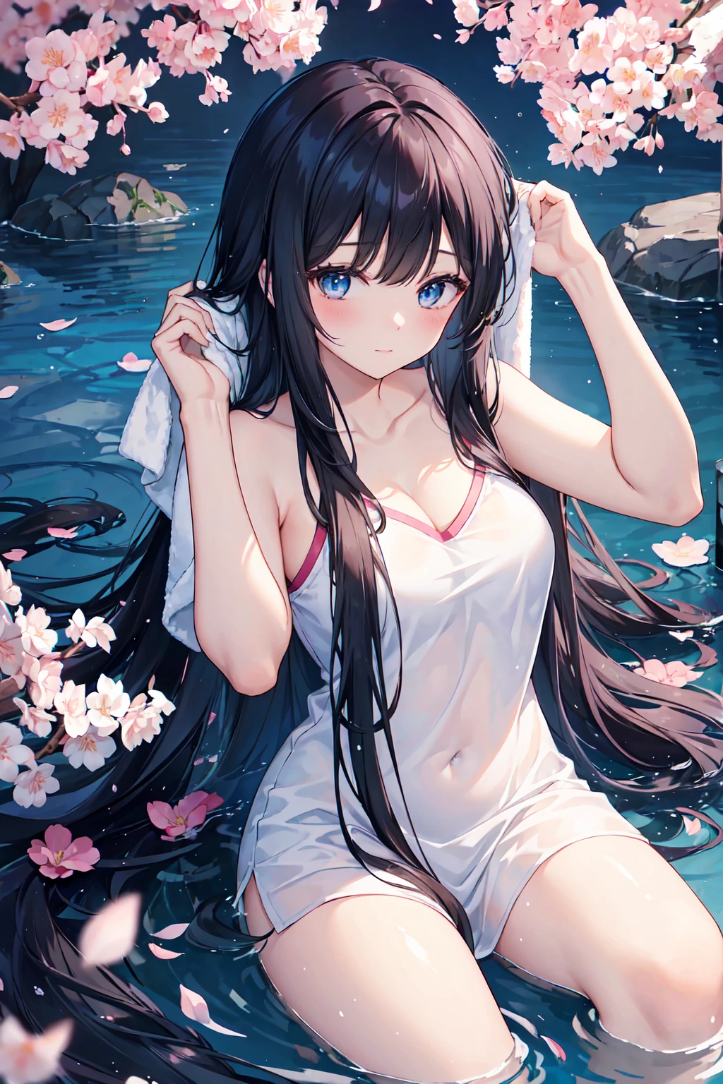 Stunning Chitanda, There is only one beautiful girl，purple eyes, black hair, Naturally straight hair, straight bangs，extremely refined，adult face，lips open，flowing long hair，Peerless beautiful girl, dreamlike，Slim，soft, (Sensual), (kawaii), Dream quality，Swimming in the sea，bare shoulders，naked collarbones，bare neck，Bare thighs，Exposed groin，extremely shy，ultra high resolution, (masterpiece:1.2, best quality), (Exquisite and beautiful eyes: 1.2), (Beautiful and delicate face)
