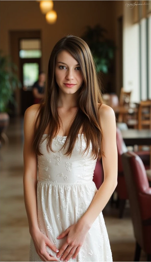 beautiful detailed photograph, straight brown hair cascading over her shoulders, wearing a dress, standing in cafe looking at the viewer, smiling