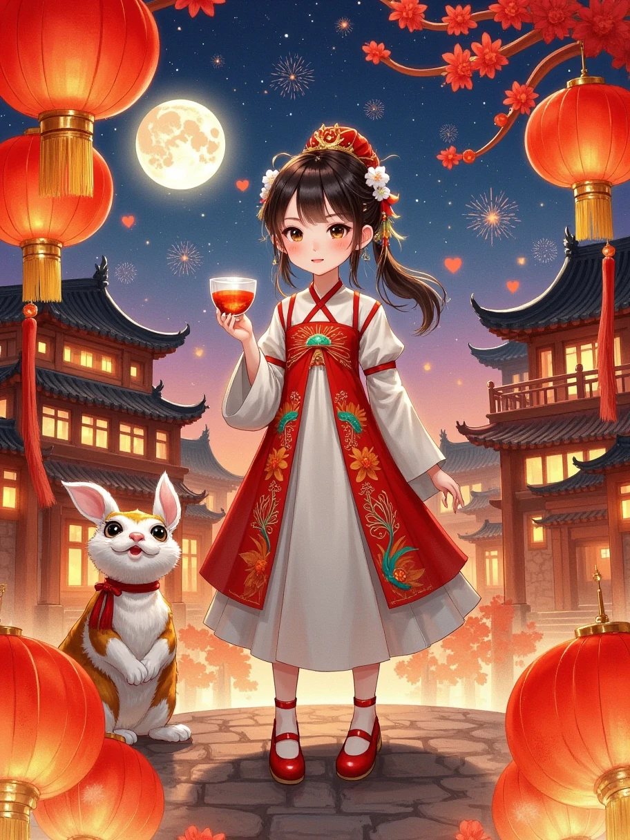 Create a surreal and emotional digital painting，捕捉神话In the background孤独与渴望的精髓。The scene is set in Guanghan Palace，Soft moonlight fills the midnight sky，A delicate and elegant woman stands alone，Her expression reveals heartache and contemplation。She is surrounded by the gorgeous yet  grandeur of the palace，The shadows of the carved beams and painted buildings cast intricate patterns in the moonlight。 In the background，A lush osmanthus tree，The flowers reflect neon colors in the night，Add a touch of color to the scene。The woman holds a cup of turbid wine，Symbolizes her attempt to drink away her sorrow，And her eyes reveal a deep unfulfilled wish。The air is filled with a sense of fate and missed opportunities，It's as if the entire universe is trying to separate her from her true love。 In the foreground，A jade rabbit and a golden toad，As auxiliary symbols in mythology，Cleverly integrated into the scene，Suggesting the woman's hope for an eventual reunion。The painting should convey a sense of eternity，Clouds roll in the sky，As if reflecting the woman's inner waves and endless longing。The overall atmosphere should be full of haunting beauty，Capture the viewer's imagination，Evokes the profound elegance of oriental mythology and mystery。