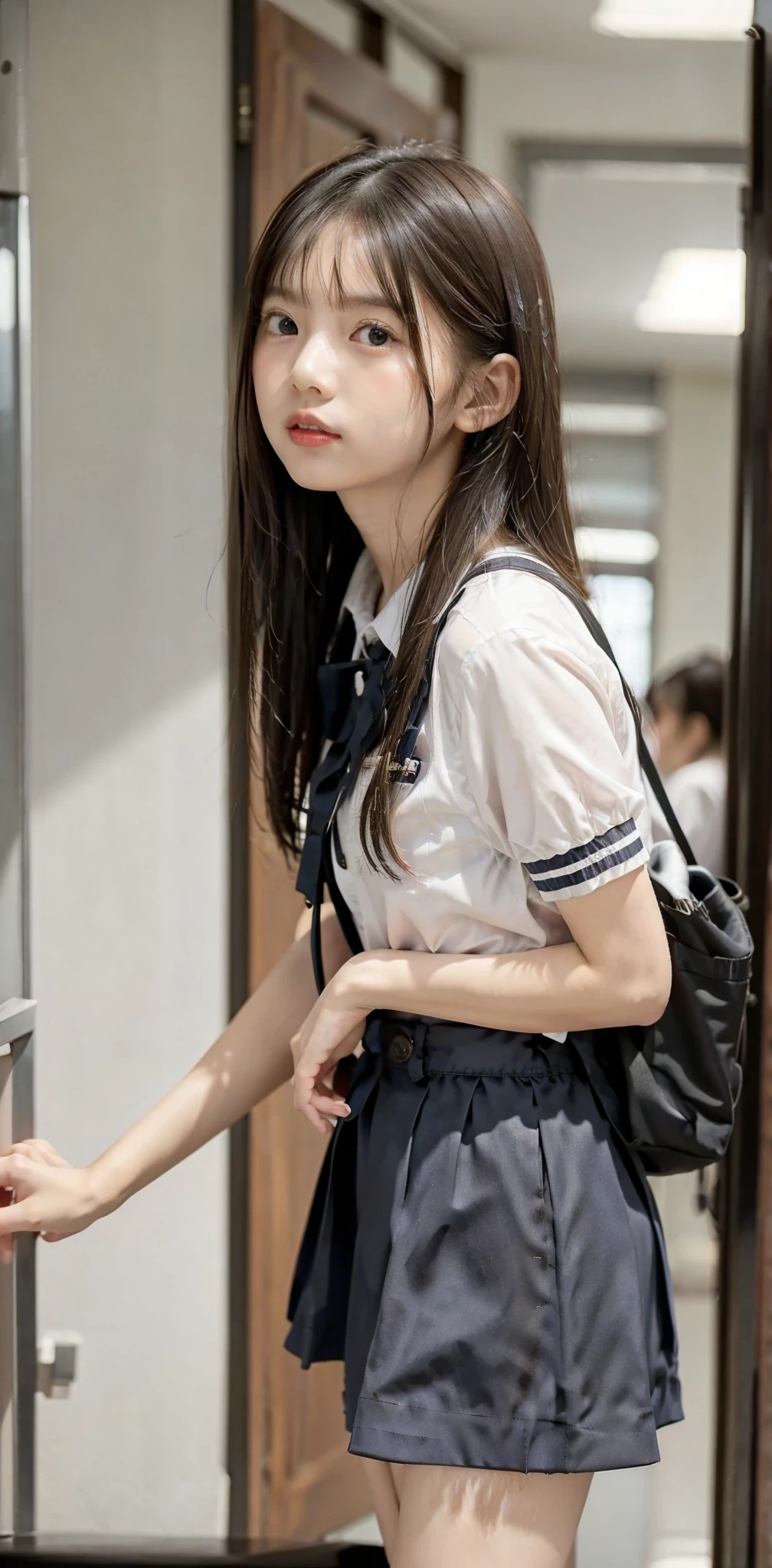  s,uniform,Line up quietly before entering the classroom, girl,cute, Masterpiece, Details