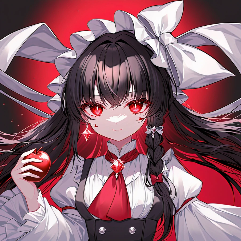 silhouette style, (darkness, glowing eyes), best quality, It's so beautiful that my eyes are dizzy, 1girl, hakurei reimu, black hair, long hair, red eyes, clear eyes, beautiful, clear eyes that look like jewels, hair bow, hair tube, yellow ascot, red top, red skirt, white detachable sleeves, from side, profile, look apple, look away, ((holding a shining transparently a jewel red apple)), the black background has red ink as an accent color,  villainous smile, shining eyes, the most beautiful eyes, the most beautiful skin, the most beautiful face, the most delicate eyes, the most delicate skin, sparkle, star \(symbol\), Beautiful color palette, maximum facial detail, maximum eye detail, maximum skin detail, maximum background detail, maximum hand detail, maximum hair detail, maximum light detail, maximum props detail,