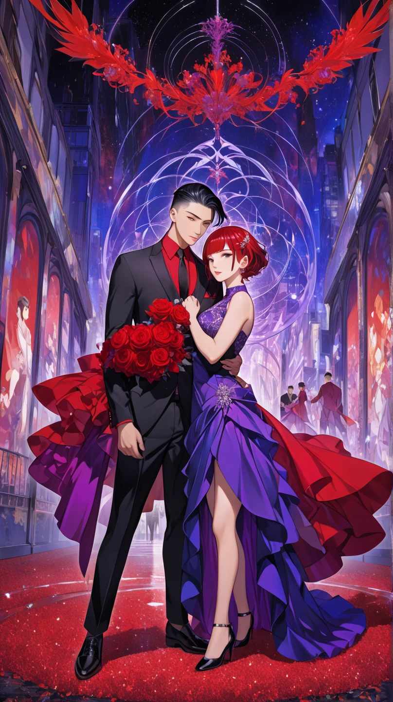 1 couple, male and female, full length, long pose, male black hair, male bristle, male box fade haircut, female red hair, female haircut with a bang, embrace, face full face male, face full face female, male in suit, male suit color is blue, female in dress, female dress color is red, mystic background in purple hues, Path of Exile vibe 