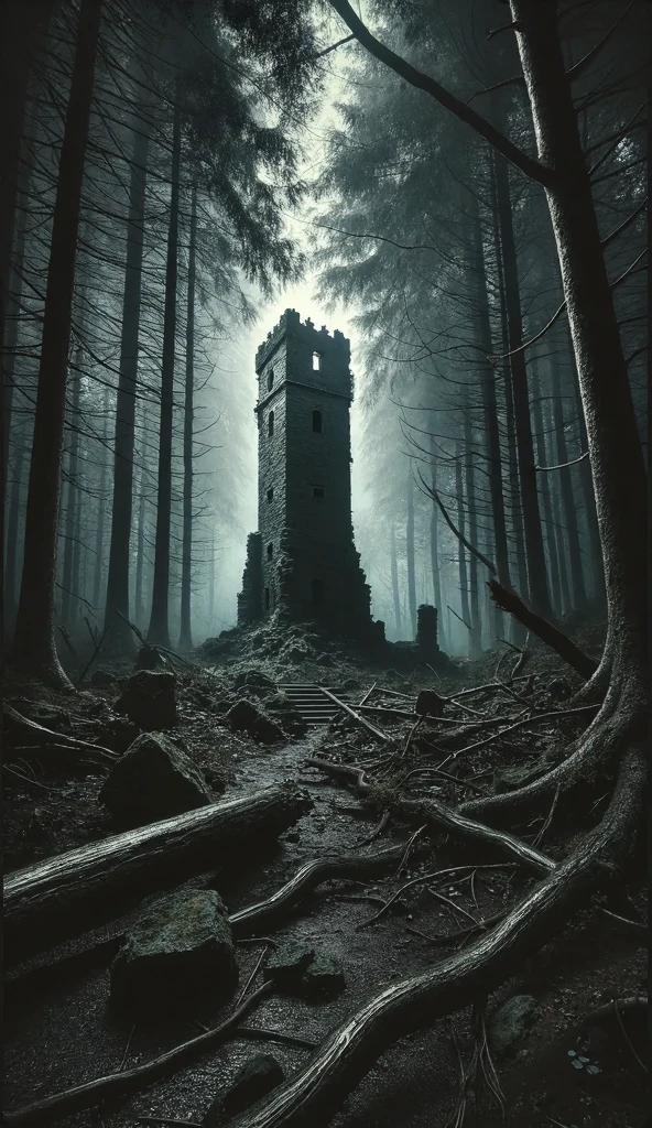 (masterpiece,  High Quality ,  high definition ,  Golden Ratio ,  movie lighting, 8k),  Tower of Darkness Towering in a Dense Forest,Young Tower of Oblivion , Standing in a Forest Where No Light Reaches 