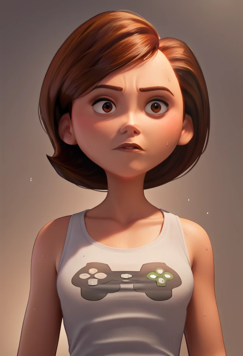 Helen parr, solo1, mature female, brown eyes, brown hair, short hair, small breasts, collarbone, standing, tanktop, thin waist, ((close up)), casual, (cold light), from below, game controller print, game controller, print shirt