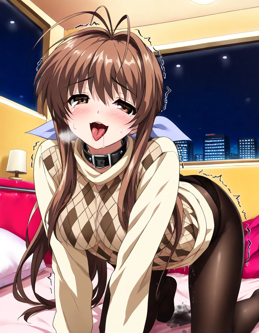 (character focus:1.2), cowboy shot, from behind, looking back, (square eyes, very big eyes:1.2), beautiful detailed eyes, BREAK, (blush smile:1.5), 1milf, solo, sanae furukawa, long hair, brown hair, brown eyes, antenna hair, medium breasts, brown diamond sweater vest, panties under pantyhose, cameltoe, nsfw, (collar:1.3), (crawl on all fours, on bed:1.4), (indoors, dark love hotel interior:1.3), (night:1.4), nsfw, (half-closed eyes:1.2), (open mouth, tongue out:1.2), (vulgarity:1.4), (aroused:1.4), (steam:1.3), (wet:0.8), (trembling:1.3), (girl trembling with sexual climax:1.3), (tears:0.8), (drooling:1.3), (sweat:1.3), (female orgasm:1.2), (pussy juice stain), score_9, score_8_up, score_7_up, score_6_up, score_5_up, score_4_up, (hyper extreme detailed), (masterpiece), (hyper extreme), game CG, (colour:1.3), (in kyoto animation style:1.2)