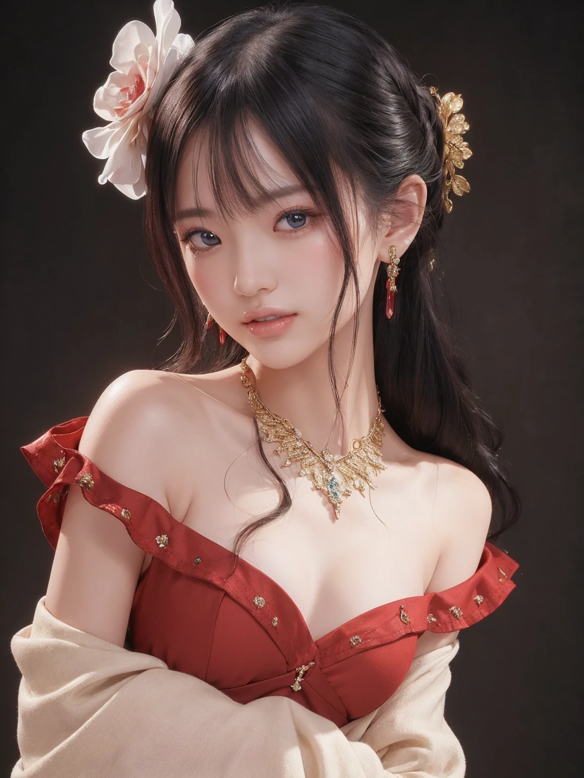 (( top quality)),( super high resolution ),( very detailed bust),( Detailed explanation ),(( best CG )),(masterpiece), Ultra Detailed Art 、See-Through 2.0、 off shoulder 、 clevis on a stone、  red background 、