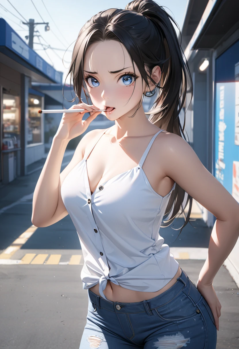 , full body, (masterpiece), (best quality), ultra high res, ultra detailed, detailed eyes, intricate, 1girl, looking at viewer, bbyorf, short hair with long locks, gold hairband, red eyes, gold earrings, large breasts, black shirt, white tank top, blouse, cleavage, collarbone, denim, denim shorts, jacket, long sleeves, ((open clothes)), open jacket, partially unzipped, blue jacket, shirt, short shorts, shorts, tank top, track jacket, unzipped, ((large breasts, big hips, tight clothes, cleavage, looking at the viewer)), (abs:0.8), BLUSHED, UNDERBOOB (realistic:1.2), (realism), (masterpiece:1.2), (best quality), (ultra detailed), (8k, 4k, intricate),(85mm),light particles, lighting, (highly detailed:1.2),(detailed face:1.2), (gradients), colorful,(detailed eyes:1.2),(detailed background),detailed landscape, (dynamic angle:1.2), (rule of third_composition:1.3), (Line of action:1.2)