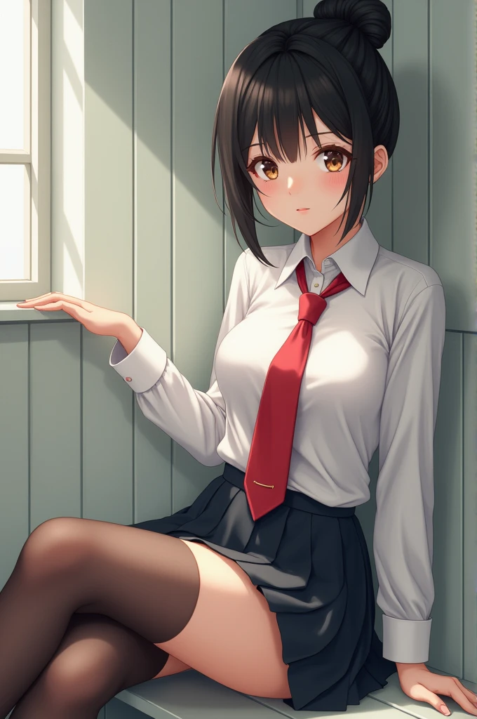((best quality)), ((masterpiece)), (detailed) ,white shirt, black skirt, black pantyhose, dark brown hair, ponytail, long bangs, medium breasts, thighs, red eyes, hair ornament, golden earrings, pantyshot, white panties, panties under pantyhose, sitting,