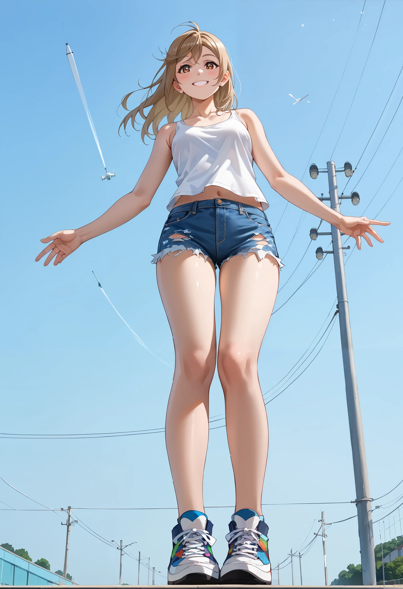 a beautiful young girl with silver twin tails, blue eyes, jumping on a beach with a yacht, seagulls, white clouds, blue sky
