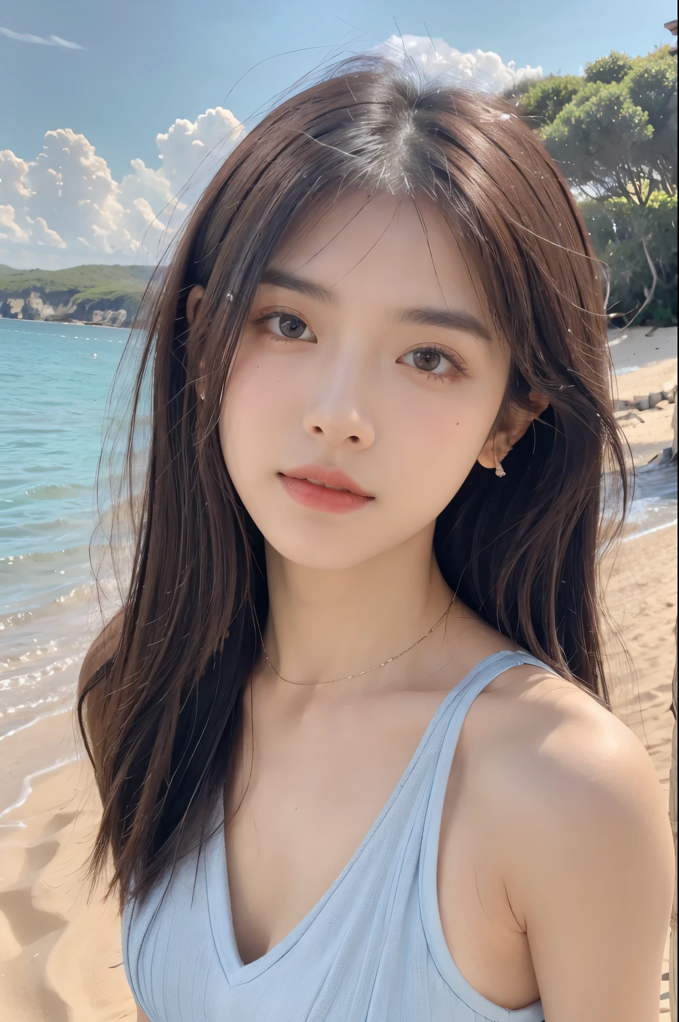 (Real, High Resolution: 1.3),One girl with perfect body,H1-KEY HWISEO,42 years old,((h1-key hwiseo)),((Tattoo on shoulder and arm)),Selfie angle,Close up,Create a photo of a young woman with medium length black hair standing on the beach. In the background is the sunset sea and horizon. ,Warm light is shining. She has a natural and soft look. ,Her mouth is slightly open. She was wearing a transparent white dress, a little wet with sea water.