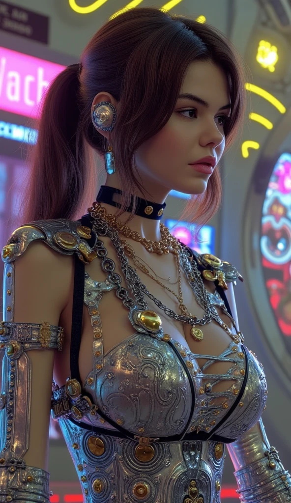 ((top-quality)), ((​masterpiece)), (detaileds:1.4), 3D, Beautiful Cyberpunk Woman Image,HDR(HighDynamicRange),Ray traching,NVIDIA RTX,Hyper-Resolution,Unreal 5,sub-surface Scattering,PBR Texturing,Postprocess,Anisotropy Filtering,depth of fields,Maximum clarity and sharpness,multi-layer texture,Albedo and specular maps,Surface Shading,Accurate simulation of light-material interactions,perfectly proportions,Octane Rendering,Two-tone lighting,Wide aperture,Low ISO,White Balance,thirds rule,8K RAW,Circuit Board AI,Silver Body、Metallic body