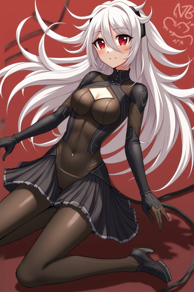 Masterpiece, Best quality, A high resolution, SH1, Red eyes, Gray hair and long hair,mitts, Black and white bodysuit, Makeup, standing, Cowboy shot, (Torn clothes:1.2),
