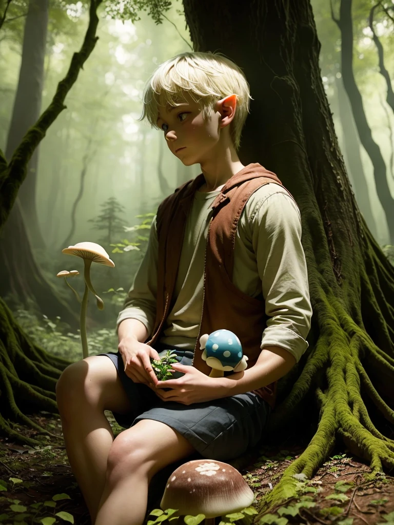 one boy, , Forest Gnome, sitting under a tree in a forest, holding a mushroom in one hand, white skin, blonde hair, elf ears, a bagpipe alongside him