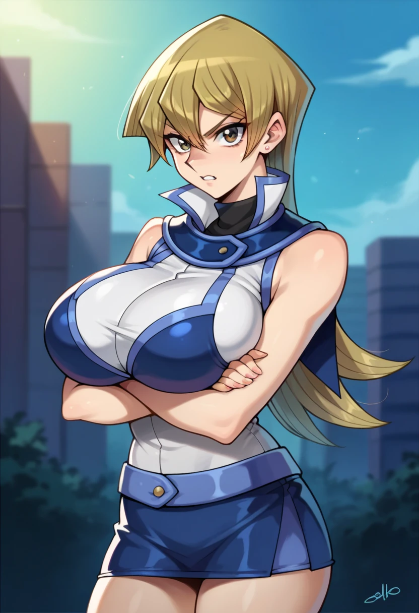 score_9, score_8_up, score_7_up, score_6_up, source_anime, BREAK
1girl, solo, huge breasts, breast implants, fake tits, unaligned breasts, perfectly round breasts, Yu-Gi-Oh academy uniform, SFW, fully clothed, standing, Alexis Rhodes, angry , looking at viewer, blue obelisk duelist uniform, mini skirt, sexy pose, crossed arms, blue bikini 