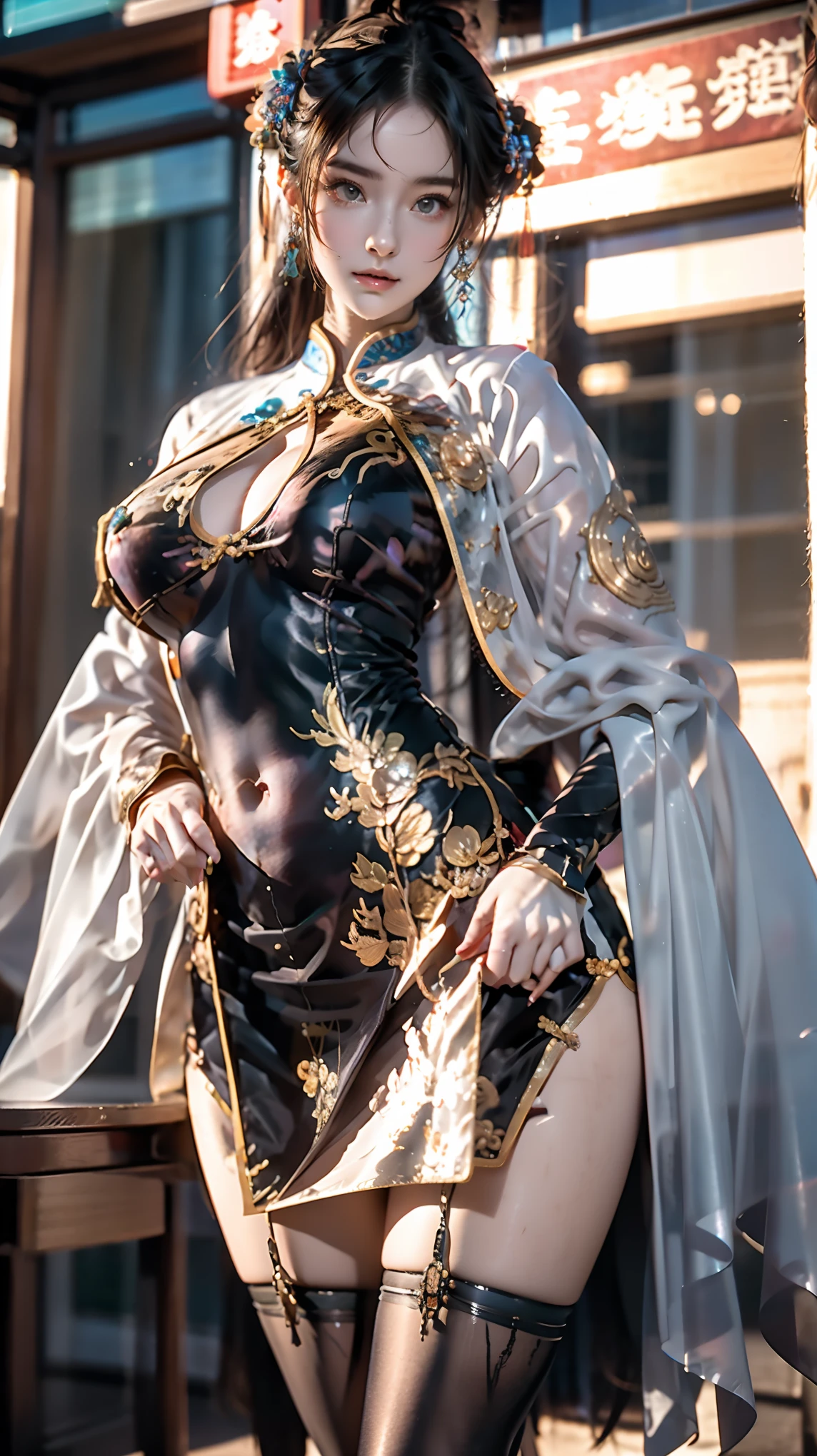 独奏，1 Orcs， Super tall，The temperament of a queen，tmasterpiece，best qualityer，Hyper-detailing，Full body illustration，Fine and detailed eyes and detailed face） garments：There are animal ears，Mature female orcs，cruel grin，There are clothes on the upper body，Wrap the whole body，The lower body is wearing animal skin shorts，Pantyhose， Show stockings，allure：Tall，Plump body，Wide buttock，Large，Strong，There are muscles，Very high，Go ahead，（big assa：1.3），（thick thight：1.3），Taller than a tree，Clouduilding, red clothes