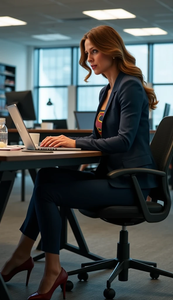 Super girl disguised as a journalist at her workplace. She is wearing a suit and matching pants, and her heels are also on. Her clothes are conventional, work clothes. She is in the office sitting in front of the computer 