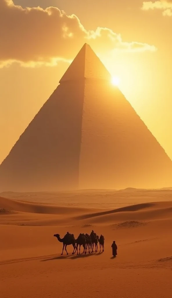 A sunrise view of the Pyramids of Giza, with the Great Pyramid towering above the desert sands and camels in the foreground.