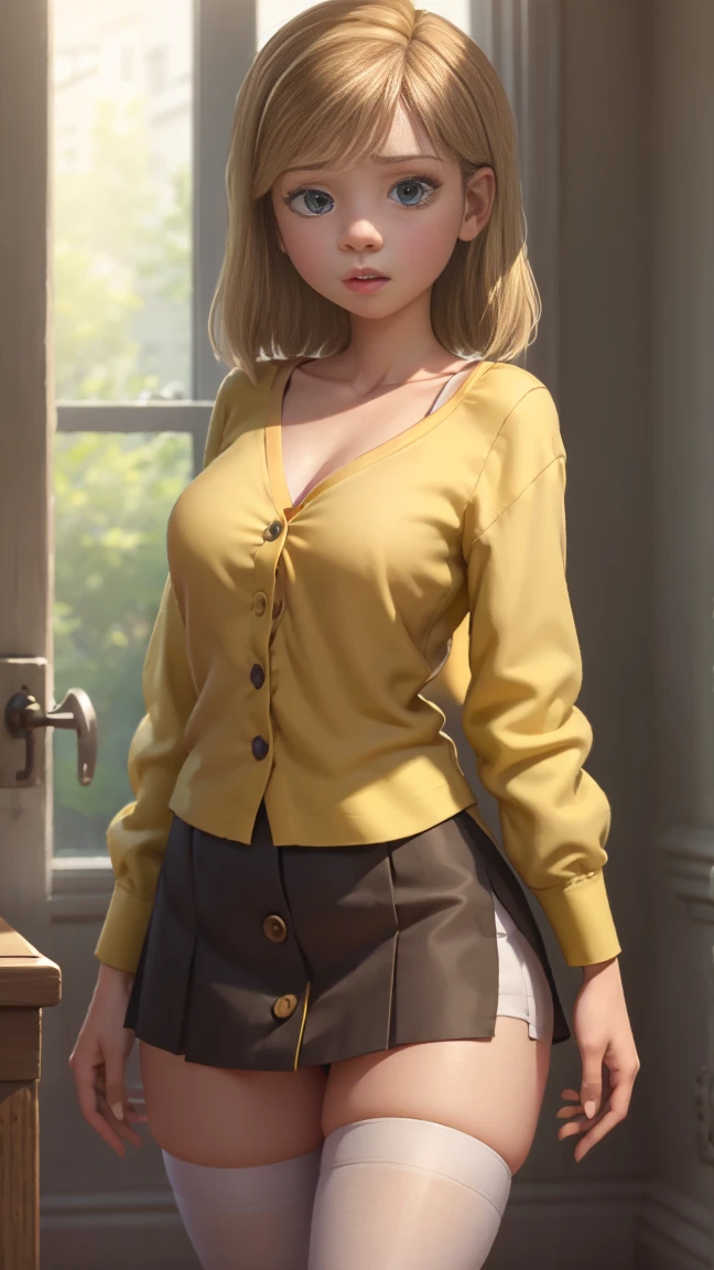 (best quality:1.4),(shiny skin), body focus, (cute face), (((best quality))), illustration, ((Beautiful Finger)), , Beautiful body, Beautiful character design, ,perfect lighting, Colorful, Bright_Front_face_Lighting, ultra high res, highres, absurdres:1.2, bokeh:1.2, lens flare, (vibrant_color:1.2), (Beautiful, huge breasts:1.4),
Blonde hair, blue eyes, smile, short hair, mini skirt, Riley as an adult, adult, full body view, full body view, multicolored chevron sweater (red, green, beige), tall, tall